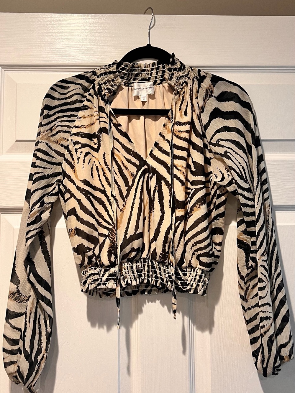 Lavender Brown Zebra Print Smocked V-Neck Blouse  size XS